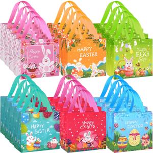 24 Pack Easter Gift Bags, Non-Woven Reusable Easter Bags with Handles - Bunny & Egg Cartoon Treat Bags for Easter Egg Hunt, Kids Easter Basket, Candy Goodie Bag, Easter Party Favors, 7.9x5.9x7.9 inch