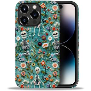 Case Compatible With For IPhone 14 Pro Max, Embroidered Floral Skeletons Phone Case Drop Protection,Soft Shockproof For Girl Women Boy Men,Case For IPhone 14 Pro Max