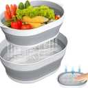 2 in 1 Collapsible Sink Basin - 5.3 QT Foldable Fruit Washing Bowl with Strainer - Silicone Collapsible Colander for Kitchen Organization RV Camping