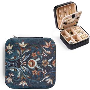 Norwegian Rosemaling Folk Style Small Travel Jewelry Case with Mirror Portable Black PU Leather Box Earrings Necklaces Rings Bracelets Storage Organizer Gift for Women And Girls