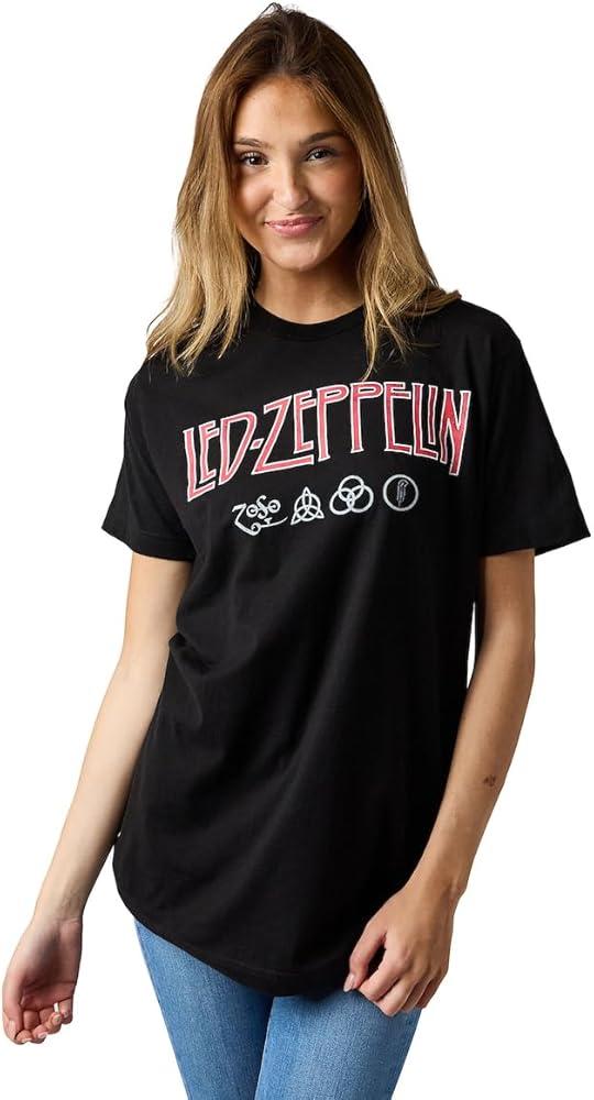 Led Zeppelin Distressed Logo with Symbols Crew Neck Short Sleeve Black Adult T-Shirt, Size S