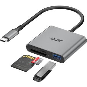 Acer SD Card Reader USB C, 3 in 1 Memory Card Reader with Dual Slots & USB 3.0, Micro SD Card Adapter for iPhone 16/15 Compatible with Camera, Android, MacBook Pro/Air, Laptop (Grey)