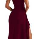 Women’s Elegant Square Neck Ruched Formal Maxi Dress Sexy High Split Ruffle Bodycon Long Dress Evening Gown (Red, M)