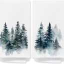 ATPOM Misty Winter Pine Tree Forest Kitchen Towels, Navy Blue Winter Foggy Pine Tree Nature Landscape Decorative Hand Towels, Farmhouse Rustic Dish Tea Towel, 16x24 Inches Set of 2