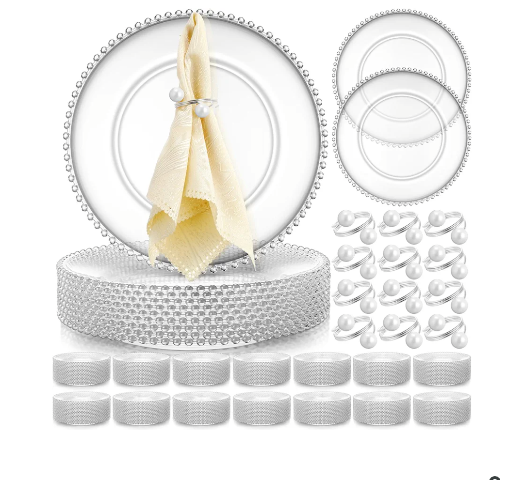 Brand: Tioncy
Tioncy 50 Set Clear Charger Plates Bulk 50 Beaded Plastic Charger Plates 13 Inch, 50 Napkin Rings, Acrylic Round Dinner Table Decorative Plate for Wedding Party Event(Clear and Silver)