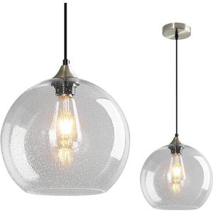 Mikeru Glass Globe Pendant Light Single, 9.85 Inch Clear Bubble Glass Hanging Lamp, Mid Century Modern Pendant Lighting for Kitchen Island Dining Room Bedroom (Bulb Not Included)