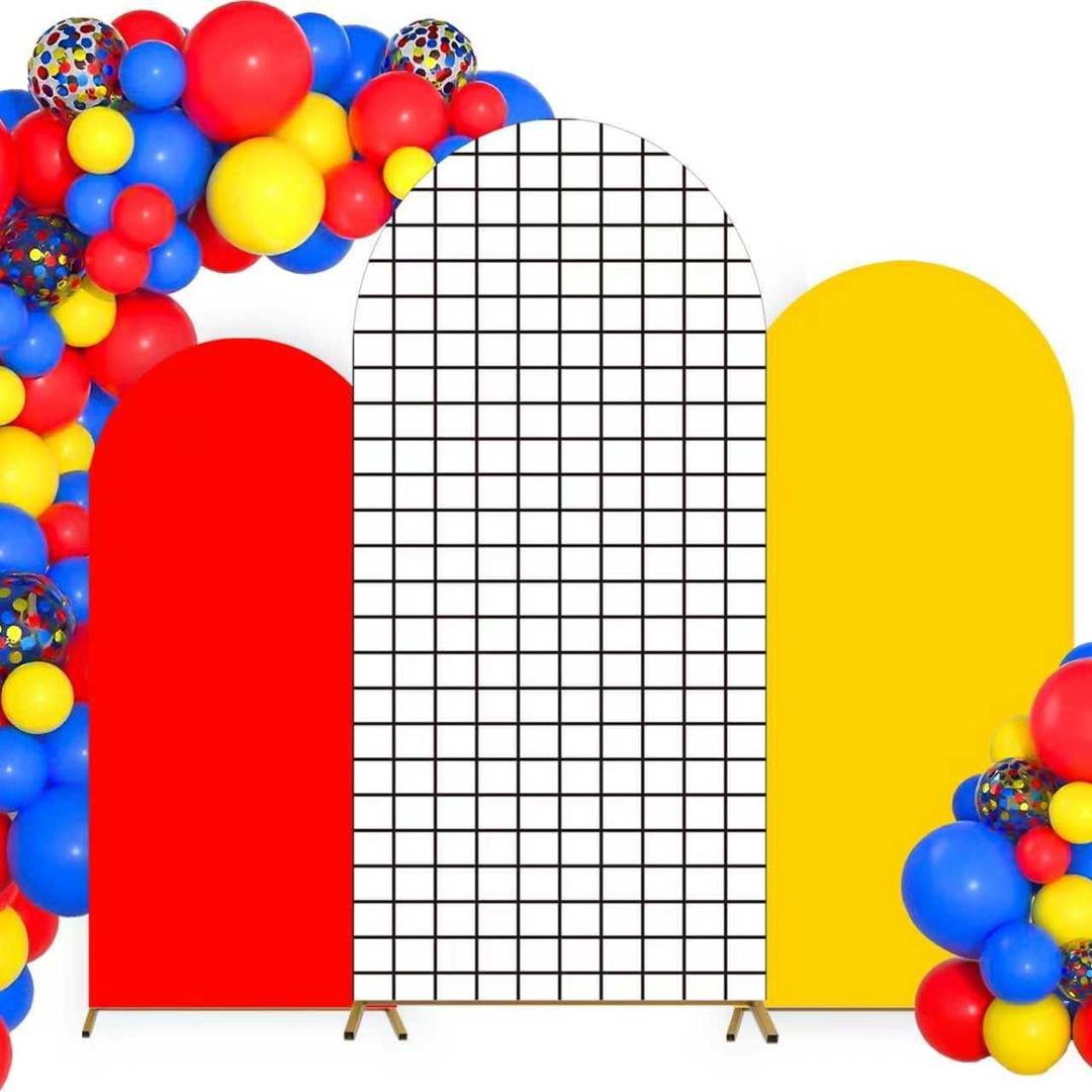 3 Pcs Red Yellow Cartoon Arch Backdrop Cover 4ft 5ft 6ft Double-Sided Birthday Party Arch Stand Covers Photo Background for Baby Shower Party Events Cosplay Props