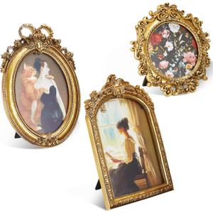 Thyle 3 Pcs Vintage Resin Picture Frame Gold Antique Photo Frame Set Victorian Art Wall Hanging Decor Ornate Table Top Jewelry Display Home Hotel Decoration(Vintage Gold)