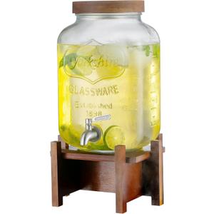 Drink Dispenser with Acacia Wood Stand and Lid,2 Gallon Glass Beverage Dispenser with Stainless Steel Spigot for Parties,Picnics,Barbecues,Lemonade,Sun tea Jar,ice coffee,Laundry Detergent Dispenser
