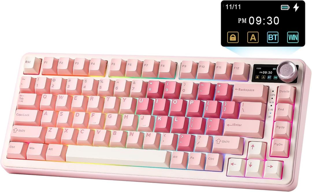 YUNZII B75 PRO MAX Wireless Mechanical Keyboard, 75% Layout with Screen and Knob, Custom Hot Swap Gasket, Creamy Pre-lubed Switches, Bluetooth/ Type-C/ 2.4G for Win/ Mac (Pink Heart, Cocoa Cream V2 Switch)
