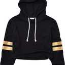 Perfashion Women's Cropped Hoodie Black Long Sleeve Loose Pullover Sweatshirts Hoody for Teenagers, XL, Champagne Gold Stripe)