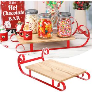 Sunnychicc Christmas Sleigh Hot Chocolate Bar Decor Red Christmas Hot Cocoa Wood Tray Holder Box Decorative Farmhouse Coffee Station Organizer for Xmas Home Office Kitchen Winter Gift Holiday Party
