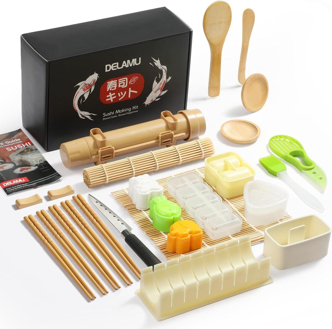 Delamu Sushi Making Kit 27 in 1 [Parent-Child] Sushi Kit, for Beginners/Pros Sushi Makers, with Bamboo Sushi Mats, Sushi Bazooka, Onigiri Mold, Rice Paddle, Sushi Knife, Guide Book & More