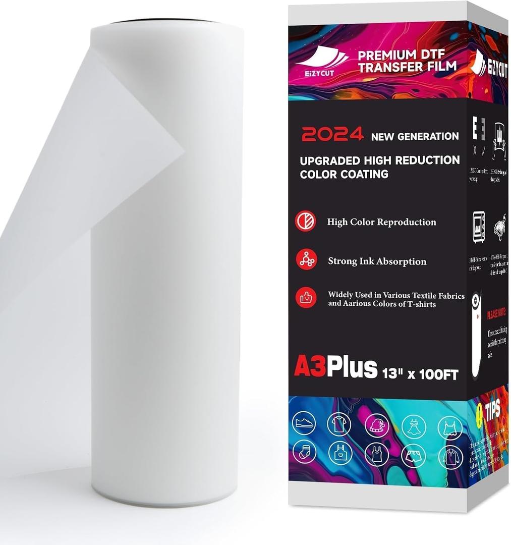 EIZYCUT DTF Transfer Film Roll 13inch x 100ft - A3 Plus Premium DTF Film Roll, PET Double Sided Matte DTF Paper Roll for All Dark Fabric Textile and Colors T Shirts