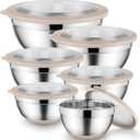 Onader Mixing Bowls with Lids Set of 6, Large Metal Nesting Mixing Bowls, Stainless Steel Non-Slip Salad Bowl Khaki Size 1, 1.5, 2, 2.6, 3.5, 7QT