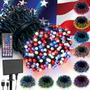 LitHome 100 LED Solar Christmas String Lights Outdoor, 33FT 34Colors Changing Solar/USB Red White Blue Lights Waterproof with Remote, 102 Modes 4th of July Light for Tree Garden Party Holiday Decor