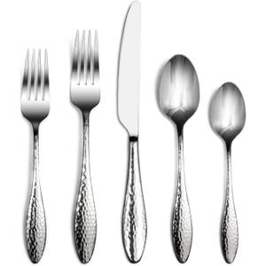 Alata Emma 40-Piece 18/10 Silverware Set, Hammered Flatware Set, Heavy Duty Stainless Steel Cutlery Set, Modern Kitchen Utensils, Dinnerware Sets Service for 8, Mirror Polished & Dishwasher Safe