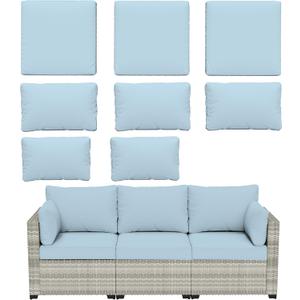 8 pcs Outdoor Cushion Slipcovers Outdoor Patio Cushions Covers Replacement Waterproof with Zipper w/3 Seat Cushion Covers and 5 Backrest Pillow Covers, Covers Only (Sky Blue)