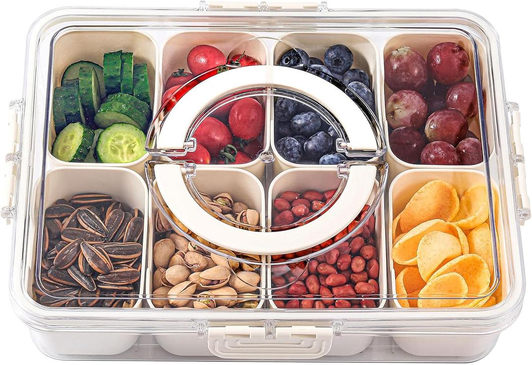 shopwithgreen Divided Serving Tray with Lid and Handle, Portable Snackle Box Charcuterie Container for Party, Veggies, Snack, Fruit, Nuts, Candy, Christmas Tray Snack Box for Entertaining, Picnic (8 Compartments, White)