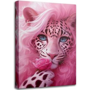 UNDBILSNI Whimsical Pink Mother Leopard Canvas Wall Art, 24"L x 16"W
