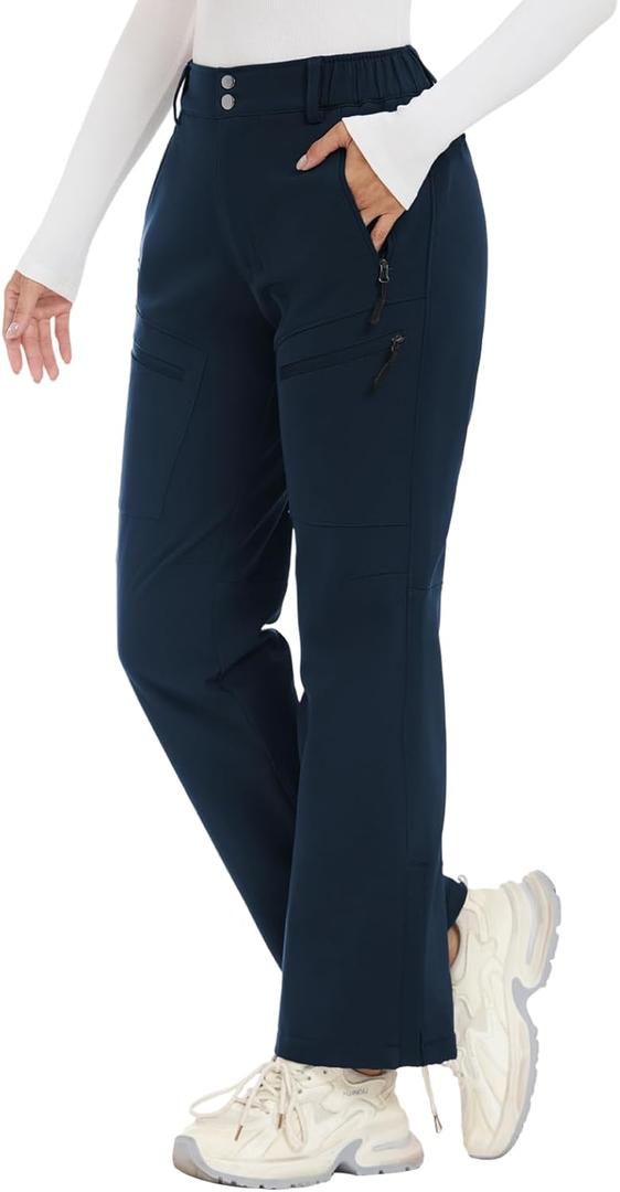 Women's-Snow-Ski-Pants-Fleece-Lined-Waterproof-Insulated Flare Warm for Snowboard Winter Hiking Travel 5 Pockets (Large, Navy Blue)