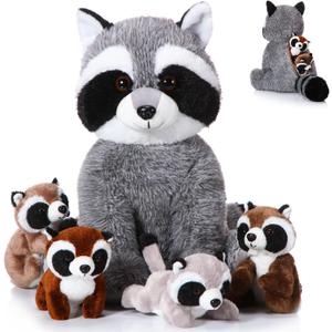 5 Pcs Raccoon Stuffed Animal Set Adorable Mommy Raccoon Plush with 4 Cute Babies in Tummy Soft Cuddly Plushie for Birthday Woodland Party Decor(Cute Style)