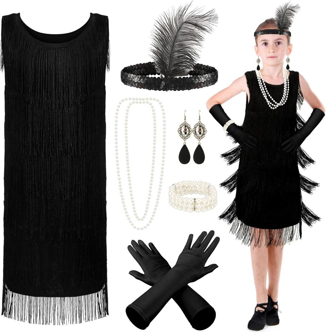 6 Pcs Girls 1920s Flapper Dresses Costume Set Roaring 20s Gifts Accessories Kids Birthday Party (Large)