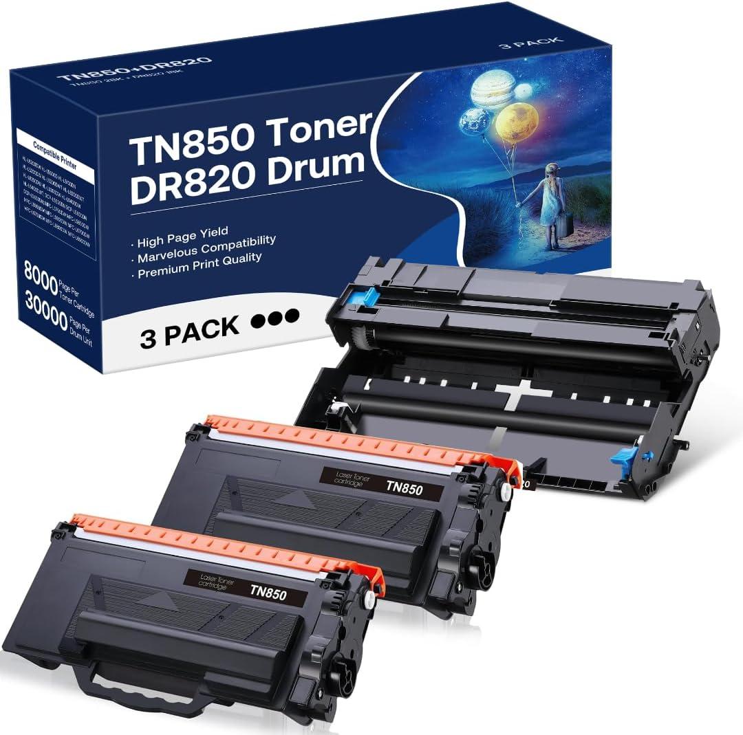 TN850 Toner Cartridge & DR820 Drum Unit Compatible for Brother TN850 TN-850 DR820 DR-820 Replacement for Brother DCP-L5500DN DCP-L5650DN HL-L6200DWT HL-L6400DW MFC-L5700DW MFC-L5800DW Printer (3pack)