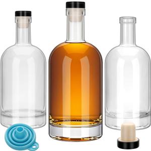 3Pcs 16oz Clear Glass Bottles with black Lids and PVC Shrink Capsules, 500ml Liquor Bottles with T-shaped Caps, Empty Heavy Base Wine Bottle for Wine, Whiskey, Soda, Beer, Juices, Beverages (3)