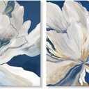 Goldfoilart Indigo Blue Flower Wall Art for Living Room White Floral Canvas Pictures Modern Paintings Framed Artwork Prints for Bedroom Dining Room Office Wall Decor 24"x24"x2pcs
