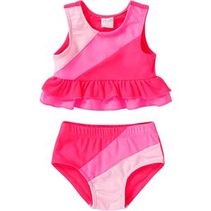 YOUNGER TREE Toddler Baby Girls Summer Swimsuit Sleeveless Striped Swimwear Two-Piece Suit Beach Bikini (6-12 Months, Neon Hot Pink)
