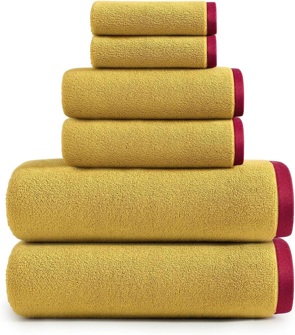 6 Pack Premium Bath Towels Set,2 Bath Towels, 2 Hand Towels, 2 WashCloths,100% Cotton Extra Absorbent Silk Hemming Towels for Bathroom (Yellow)