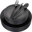 EI 150pcs Black Plastic Plates Frosted Plastic Plate,Premium Heavy Duty Black Plastic Plates,Black Disposable Plates with Plastic Silverware, 10.25" Dinner Plates and 7.5" Dessert Plate Wedding Party