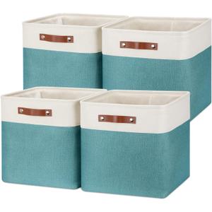 Temary Fabric Storage Cubes 13x13 Storage Baskets for Organizing, 4Pack Large Fabric Storage Bins with Handles Cube Storage Baskets for Storage Clothes, Books (White&Teal)