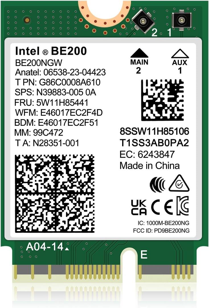WiFi 7 Wireless Card Intel BE200 NGW, Bluetooth 5.4, 5800Mbps M.2/NGFF Network Support Windows 10/11 (64bit), Linux, Not Support AMD, Only Supports Intel 12th Generation and Above CPUs.
