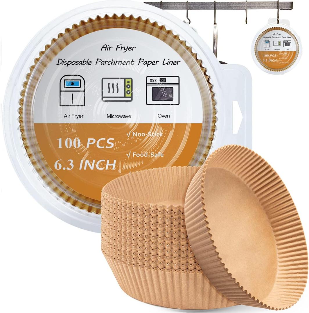 Air Fryer Liners Disposable 100 PCS-6.3 inches, Tiktok Must Have for Kitchen, Unbleached Non-Stick Baking Parchment Sheet
