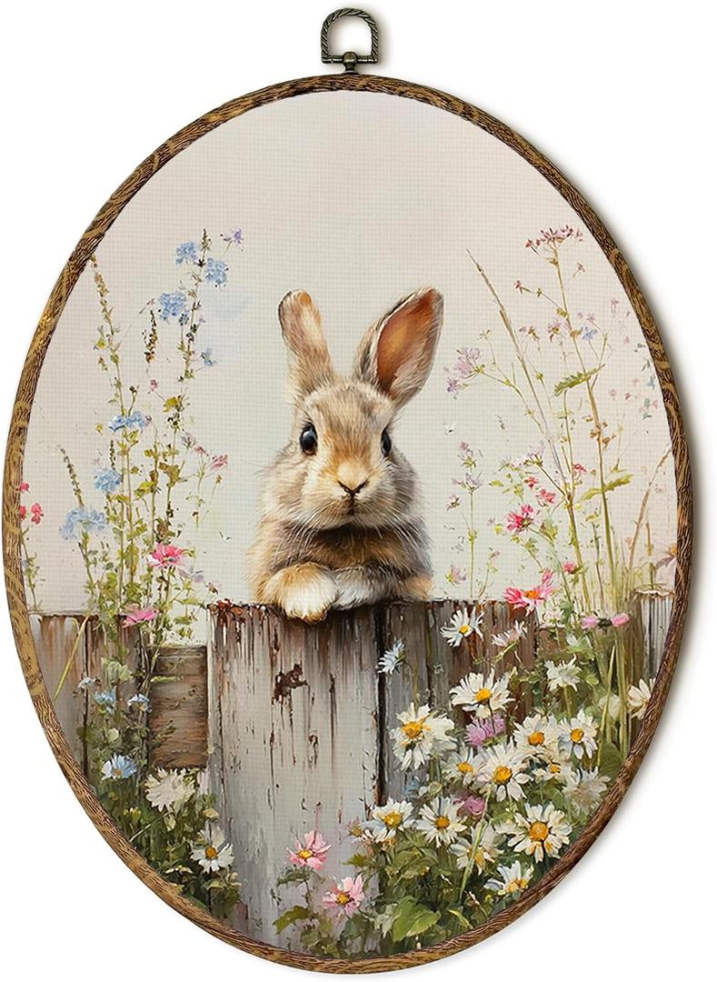 laveliabel Easter Bunny Oval Canvas Art Wall Decor, Rabbit on a Farmhouse Fence Framed Canvas Prints, Spring Bunny Easter Oval Hanging Wall Decor for Home Nursery Playroom, 8.5x11.5 Inches