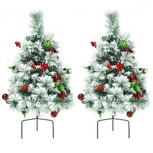 Set of 2 24in Battery Powered Pre-lit Pathway Flocked Christmas Trees Outdoor
