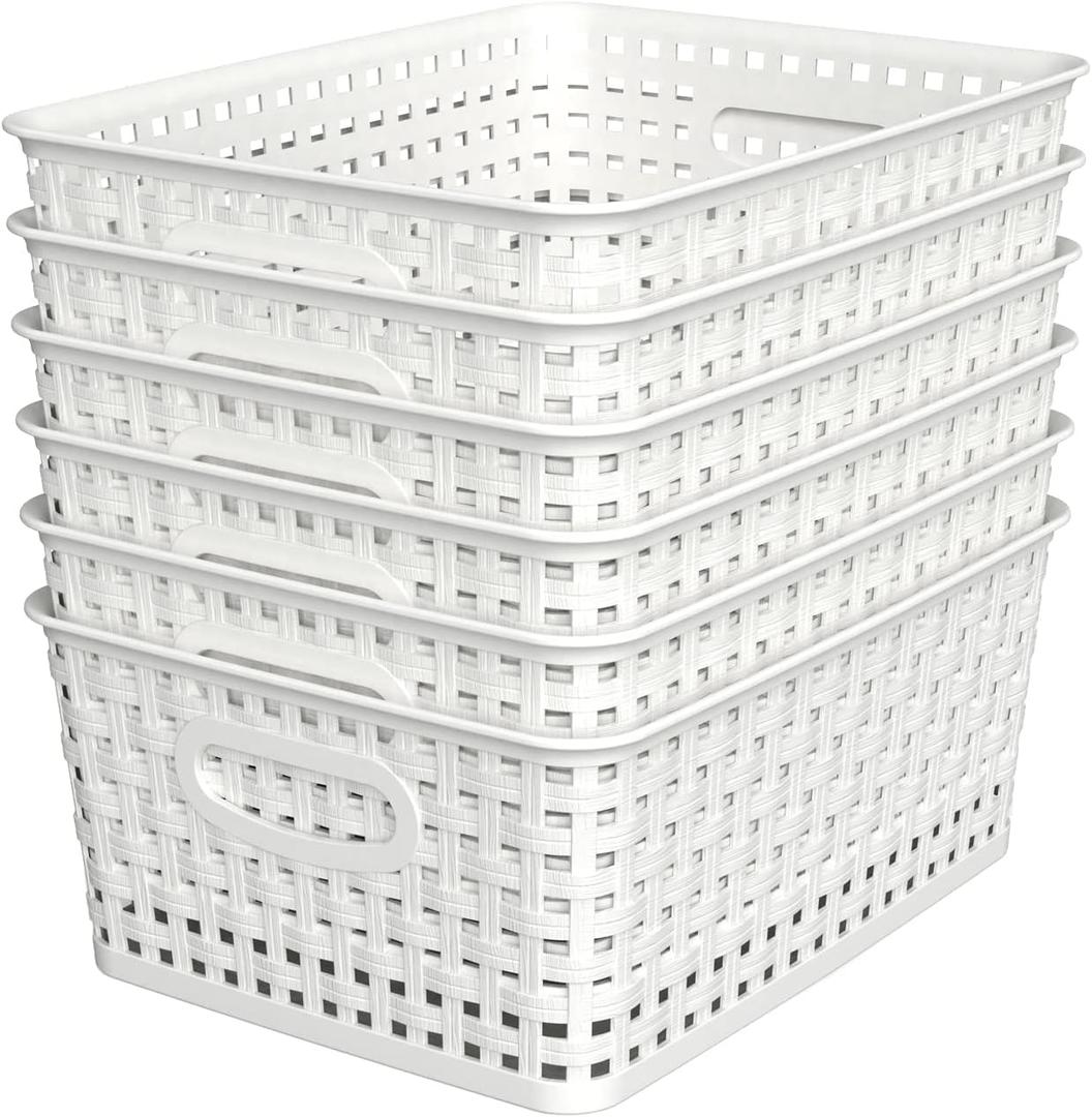 WYT Woven Plastic Storage Baskets, 6 Pack White Weave Bins Organizer, 10.1" x 7.55" x 4.1"