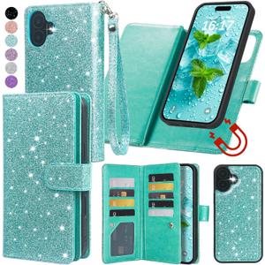 Varikke for iPhone 16 Wallet Case Detachable with RFID Blocking Card Holder for Women, Glitter PU Leather Wrist Strap Strong Magnetic Flip Wallet Removable Phone Case for iPhone 16 6.1", Mint Green