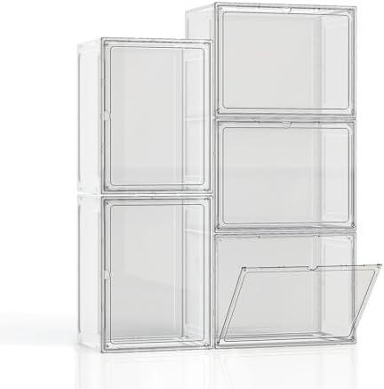 4 Pack Stackable Storage Bins with Lids, White Plastic Storage Container with Clear Lids, Clear Display Case with Magnetic Door for Purse, Handbag, Figure, Collectibles, Doll, Bag, 14.2"x8.66x10.6"