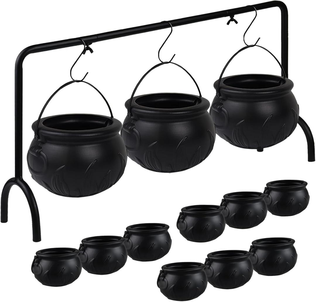 12 PCS Cauldron Halloween Decor, Large and Mini Black Plastic Hanging Cauldrons Serving Set, Spooky Witches Cauldron Desserts Candy Serving Bowls for Table Indoor Home Hocus Pocus Party Decorations