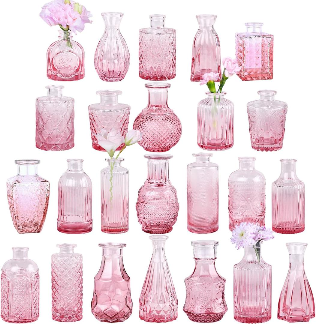 Pink Glass Bud Vase Set of 24, Small Flower Vases for Centerpieces in Bulk, Mini Vintage Vase for Wedding Decor, and Home Table Dcor