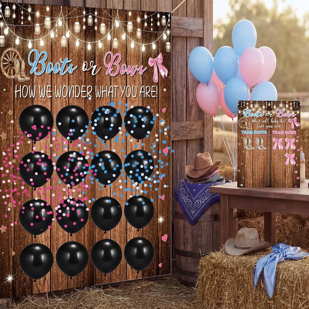 Shappy Boot or Bows Large Gender Reveal Party Game Set 59in Boot or Bows Baby Shower Gender Reveal Balloons Decor Team Boy or Girl Vote Darts Set with Balloons Cowboy Boots Pink Bow Decorations