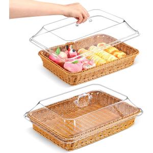 Mumufy 2 Pack Wicker Large Bread Basket with Acrylic Lid Housewarming Gift Woven Rectangular Imitation Rattan Fruit Basket with Cover for Serving Food Display Tabletop Home Kitchen(15.75x11.81'')