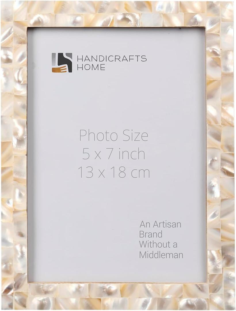 Handicrafts Home Mother of Pearl Picture Frame 5x7, Decorative Photo Frame for Tabletop or Wall, Handmade Shell Mosaic Frame, Modern Home Decor, Gift Picture Frame, White