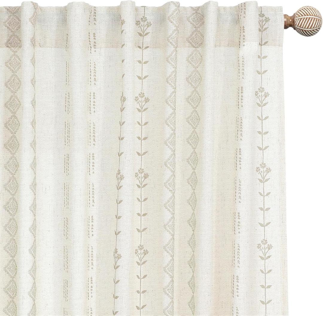 Neutral Farmhouse Curtains for Living Room 84 Inches Long,Taupe Cream Boho Light Filtering Sheer Patterned Modern Beautiful Linen Curtains with Floral Pattern Design Dining Room 84 Length 2 Panels Set