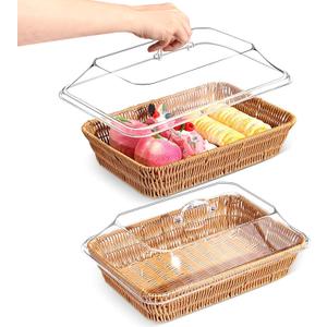 2 Set Wicker Bread Baskets for Serving with Acrylic Lids Woven Imitation Rattan Bread Basket Rectangular with Cover for World Baking Day Fruit Food Serving(13.78" X 9.84")