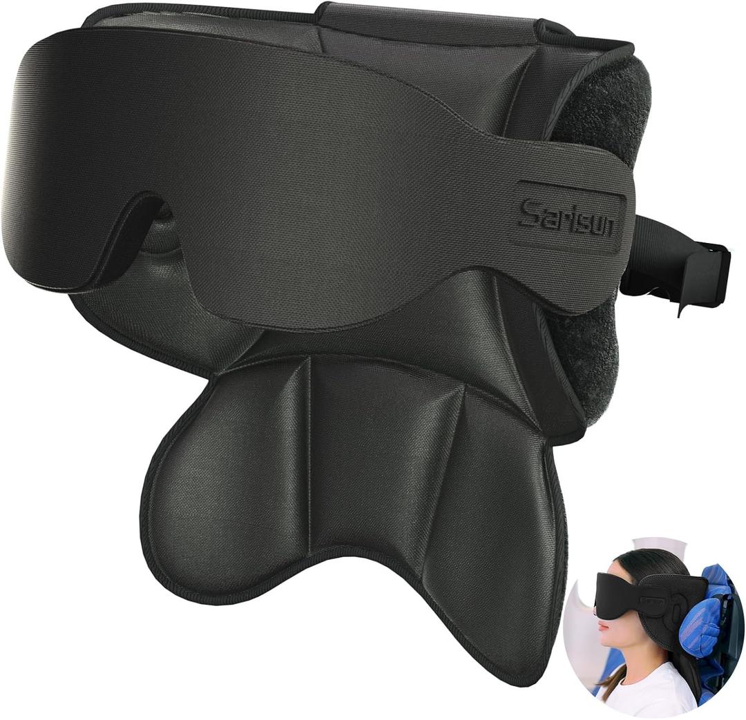 SARISUN Travel Pillows for Airplanes, Airplane Pillow with 3D Sleep Eye Mask, 360 Head Support, Stop Bobblehead Plane Travel Essentials, Adjustable Airplane Head Strap for Budget Airlines, Black
