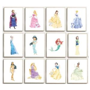 Watercolor Princess Wall Art Collection, Set of 12 Prints, Fairy Tale Theme Nursery Decor, Girls Room Artwork - 8 x10 Poster Print - UNFRAMED